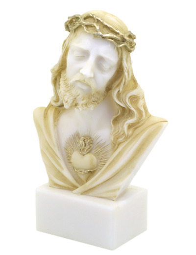 Sacré-Coeur de Jésus BUSTE- Statue en albâtre 13cm -Beige et Or