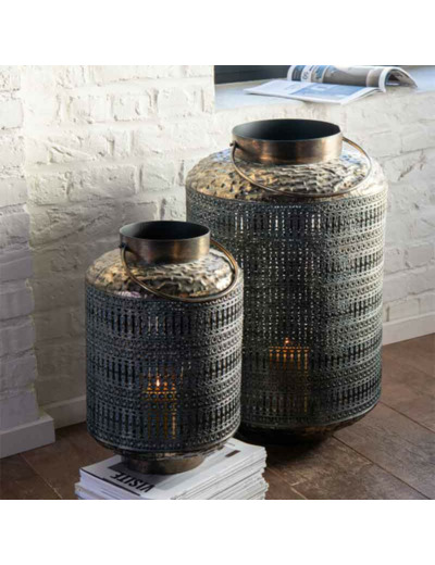 Lanterne antique cylindre fer patiné 31x31x45cm