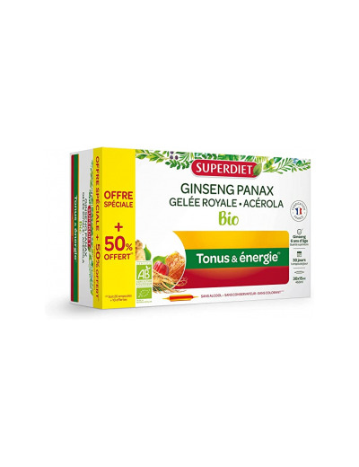 Ginseng Acérola Gelée Royale Bio 20 ampoules +50% gratuit