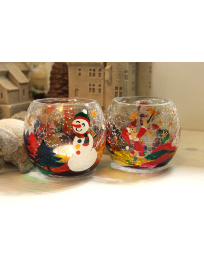 Photophore en verre craquelé peint à la main sur le thème de Noël - Peuvent être vendus par lot de deux