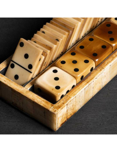 Jeu de Domino Dés Seventies Résine Noire Corne Naturelle 21x10x7cm