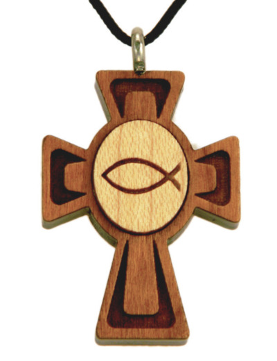 Croix en Bois d'Erable Vernis 3,5cm avec Cordon - POISSON