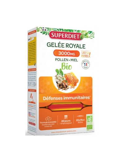 Gelée Royale bio Miel Pollen 3000 mg 20 ampoules de 15ml