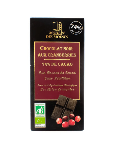 Tablette de Chocolat Noir 74% aux Cranberries Bio 100g