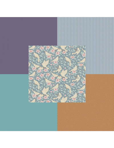 LOT DE 5 COUPONS DE TISSU TILDA UNIS ET IMPRIMÉS  50 X 55 CM, BLEU, VIOLET & COGNAC