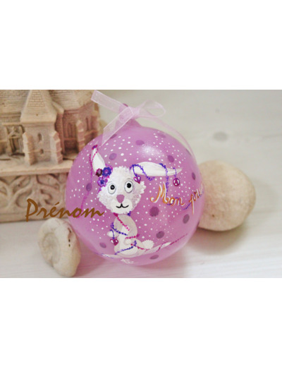 Boule de noël en verre peinte à la main thème petit lapin et signée d'un diamètre de 10 cm personnalisable par le prénom de votre choix