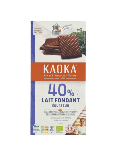 Tablette de Chocolat 40% Lait Fondant Équateur Bio 100g