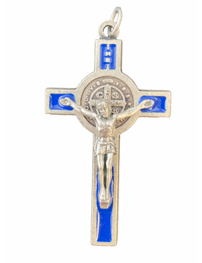 Croix St Benoît 53X29mm émail ARGENTÉ résine BLEU