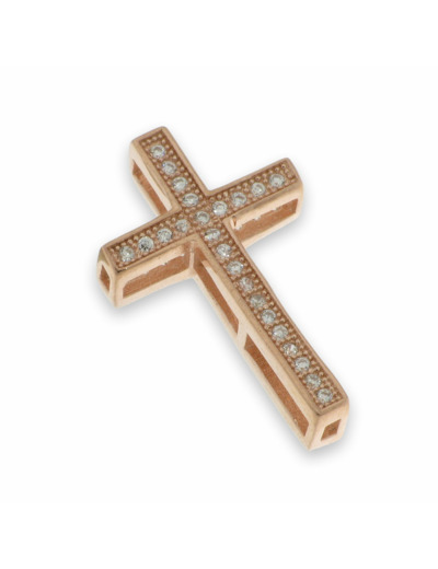 Croix pendentif en Argent 925 Plaqué-Or rose et Zirconiums- 2,3x1,3cm