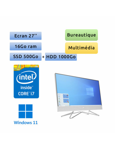 HP All-in-One  27-dp0069nf - Windows 11 - i7 16Go 500Go SSD + 1To HDD - 27 - webcam - tout en un - gain de place