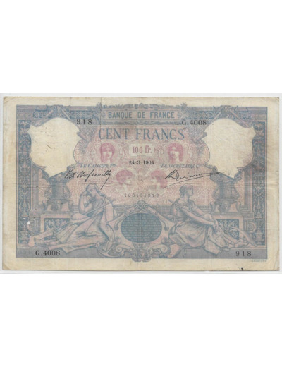 FRANCE 100 FRANCS BLEU ET ROSE SERIE G.4008 24-3-1904 TB+