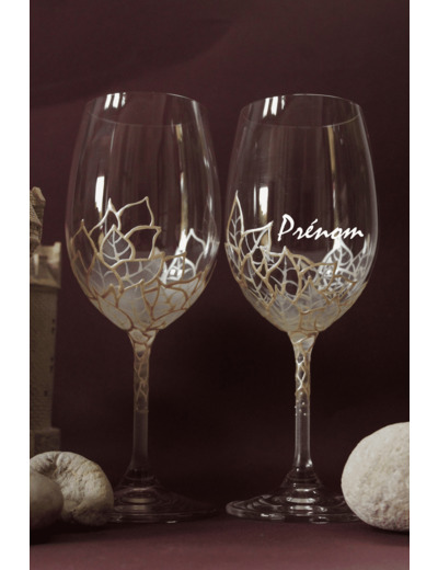 Duo de verres givrés pour la saint valentin en cristal de bohème décorés de jolies feuilles ciselées, pièces uniques et personnalisables