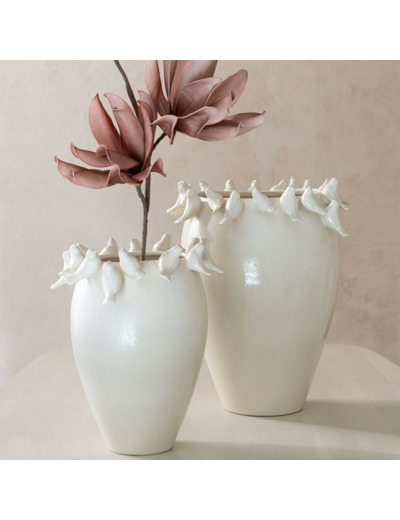 Vase céramique aux oiseaux blanc 40x40x50cm