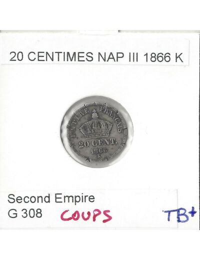 FRANCE 20 CENTIMES NAPOLEON III 1866 K COUPS TB+