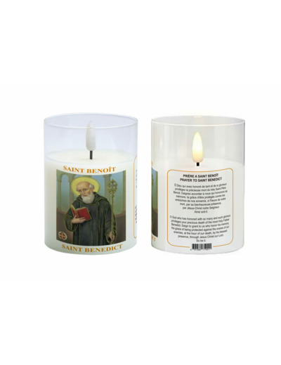 Bougie LED 7.5x10cm - Saint Benoît + Prière - Vendue sans pile