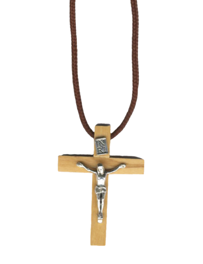 Croix en Bois Imitation Olivier 4,5cm avec Lacet - Christ