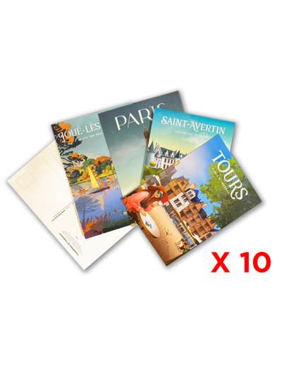 PACK DE 10 CARTES POSTALES D'ILLUSTRATIONS DIFFERENTES DE VILLES ET VILLAGES.