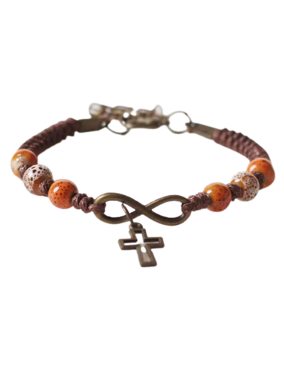 Bracelet en Corde Marron - CROIX + COEUR INFINI- perles oranges