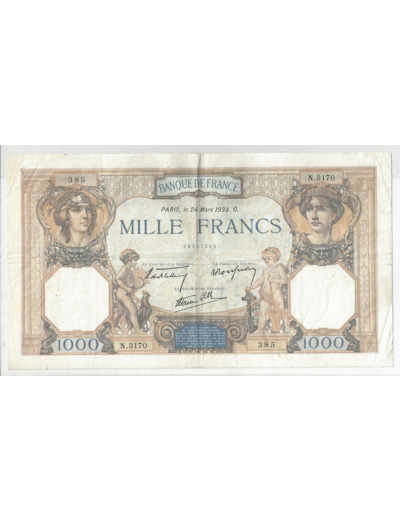 FRANCE 1000 FRANCS CERES ET MERCURE 24/03/1938 TTB N.3170