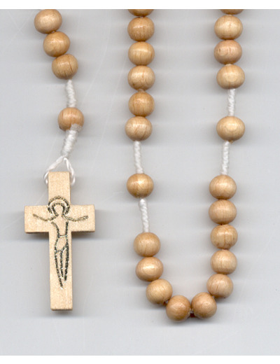 Chapelet  BOIS CLAIR sur CORDE grain rond- croix Christ stylisée
