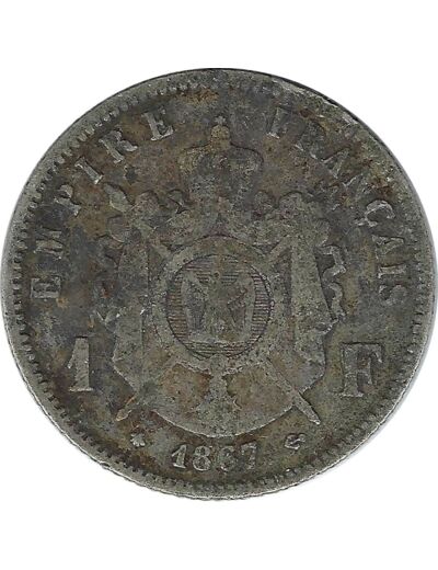 FRANCE 1 FRANC NAPOLEON III TETE LAUREE 1867 A (Paris) TB+