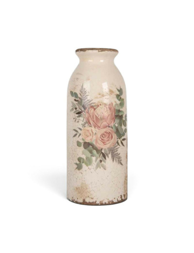 Vase Soliflore Floral Vintage en Céramique Beige et Rose 8x20cm
