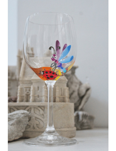 Verre ballon peint à la main, thème insectes, coccinelles et libellules, fleurs, pièce unique et artisanale en cristal de bohème