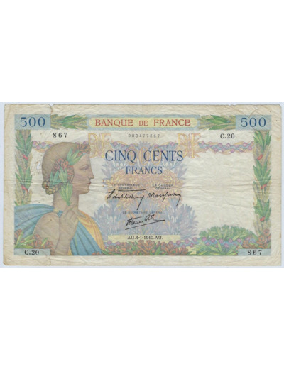 FRANCE 500 FRANCS LA PAIX 4-1-1940 SERIE C.20 TB