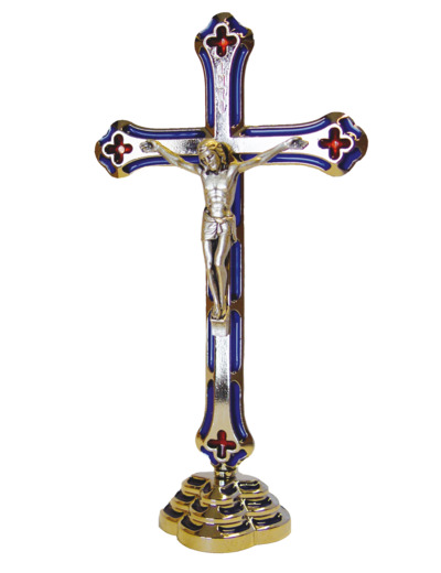 Crucifix en Métal Nickelé sur Pied 14,5cm et Résine Bleu et Rouge