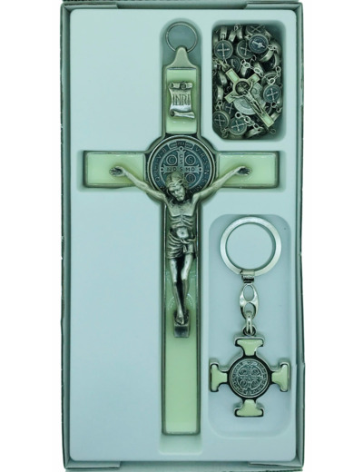 Coffret St Benoît 22,5x11,5cm croix+chapelet+PC - LUMINEUX