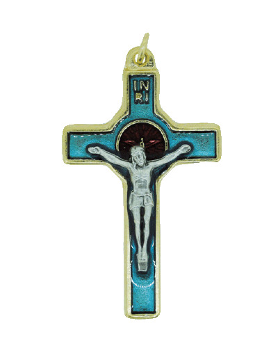 Crucifix en Métal Doré avec Email Bleu 8cm - CHRIST + ESPRIT