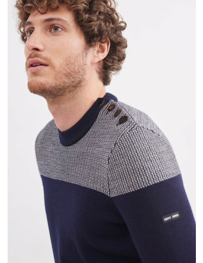 Pull marin bicolore Dinan à coudières jacquard, en laine vierge
