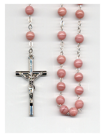 Chapelet argenté en verre ROSE 6mm + christ