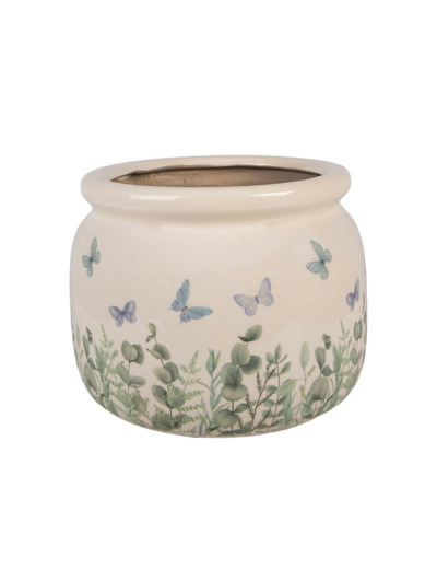 Pot de fleurs rond beige céramique papillons 20x15cm